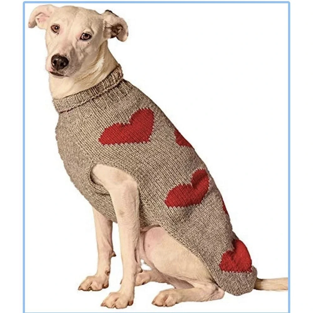 Chilly‎ Dog Heart Dog Sweater 100% Wool Gray Red Size Large Large Breed Dog